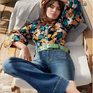 Cabi Favorite Blouse Buttons Balloon Sleeve Black Teal Pink Gold Flowers Large